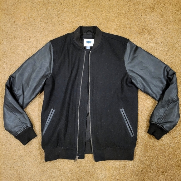 Old Navy Wool Blend & Faux Leather Varsity Bomber Jacket Black - Picture 2 of 6